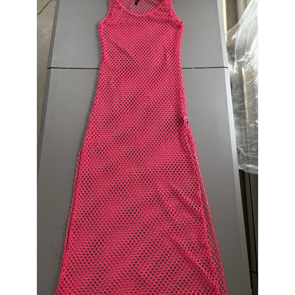 Women Mesh Maxi Cover Up Sz LARGE Neon Pink See Through Summer Dress Beach - Picture 9 of 13